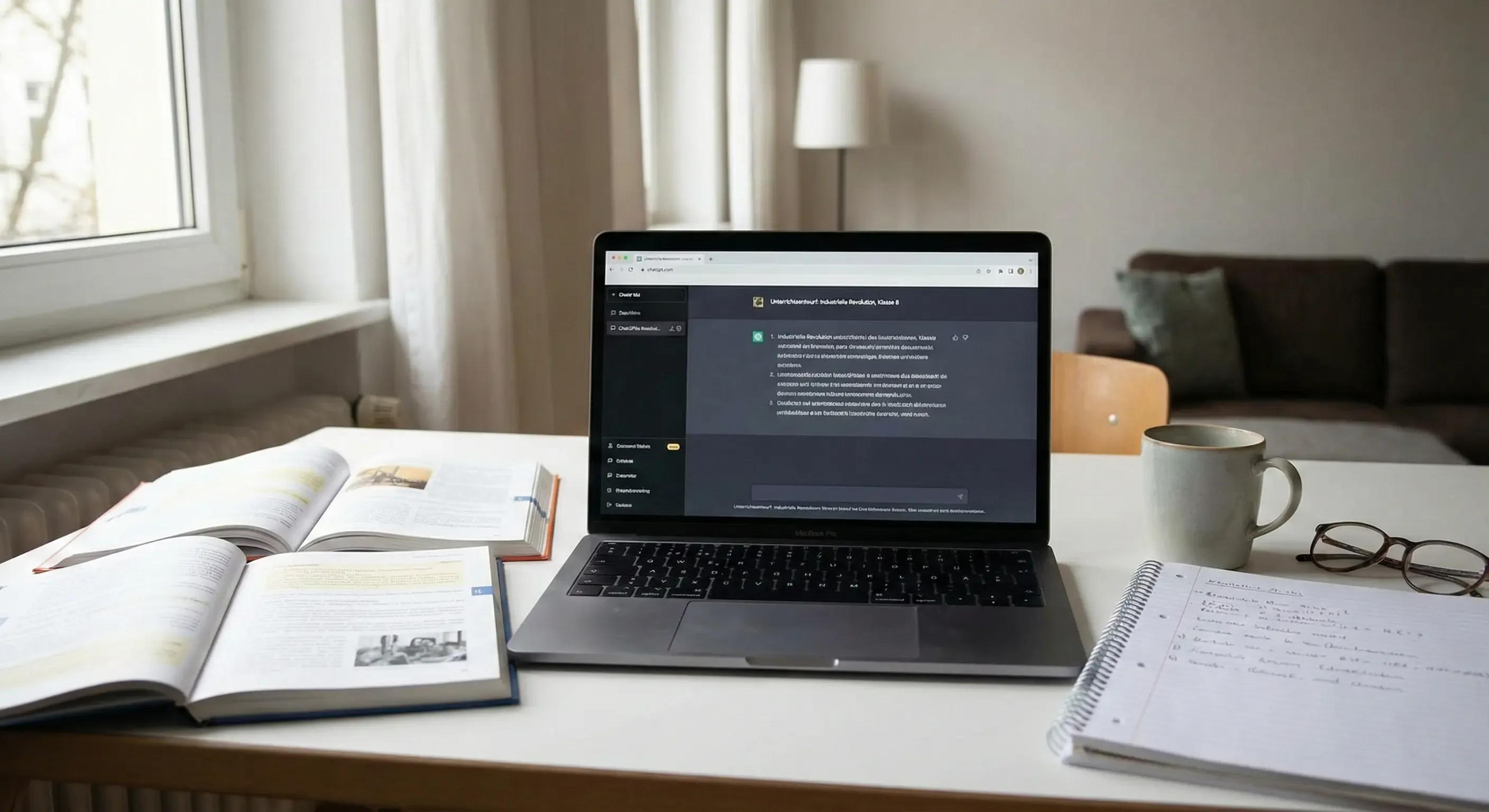 Laptop mit geöffnetem KI-Chat auf einem Schreibtisch mit Schulbüchern und Notizen